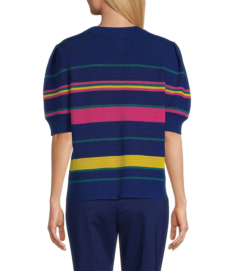 Investments Stripe Novelty Short Puff Sleeve Crew Neck Sweater Top