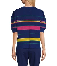 Investments Stripe Novelty Short Puff Sleeve Crew Neck Sweater Top