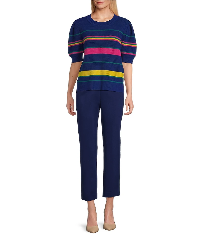 Investments Stripe Novelty Short Puff Sleeve Crew Neck Sweater Top