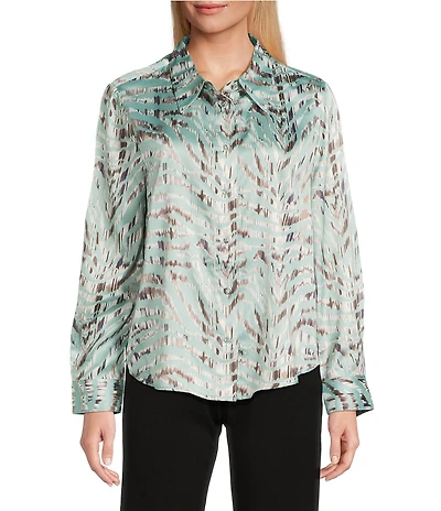 Investments Painted Zebra Long Sleeve Point Collar Button Front Top
