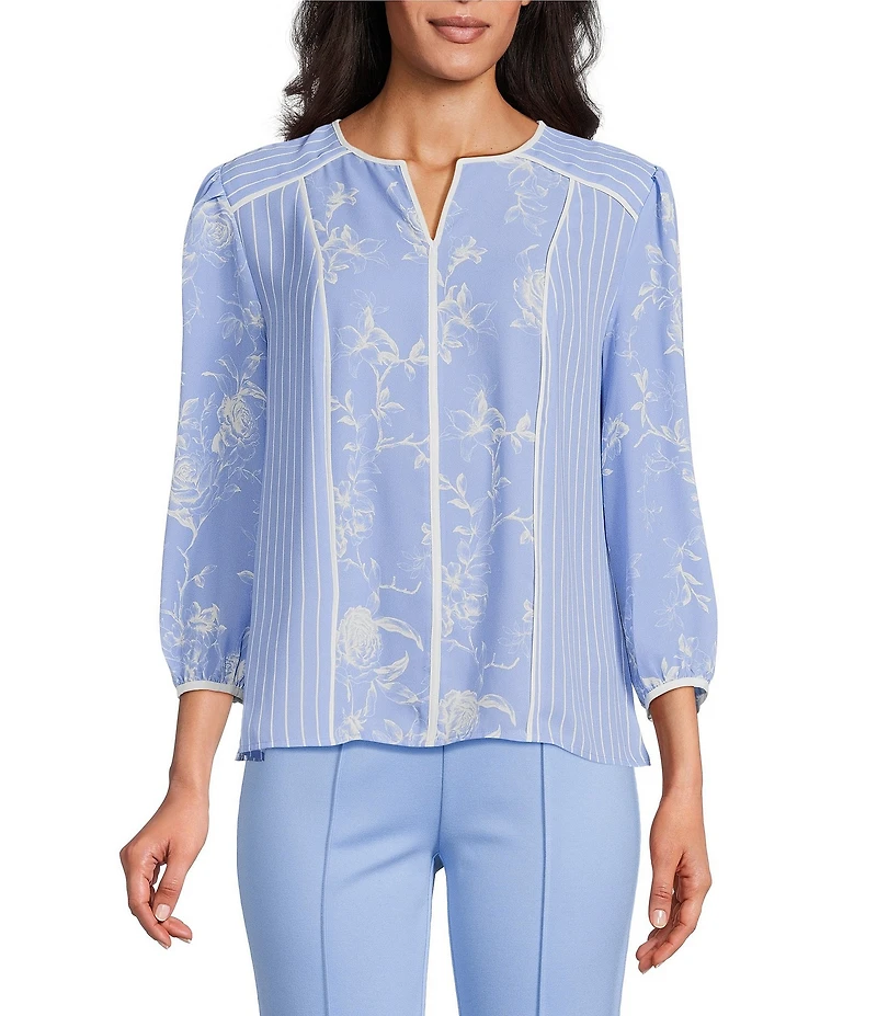 Investments Paired Stripe Floral Mixed Print 3/4 Sleeve Split Round Neck Blouse