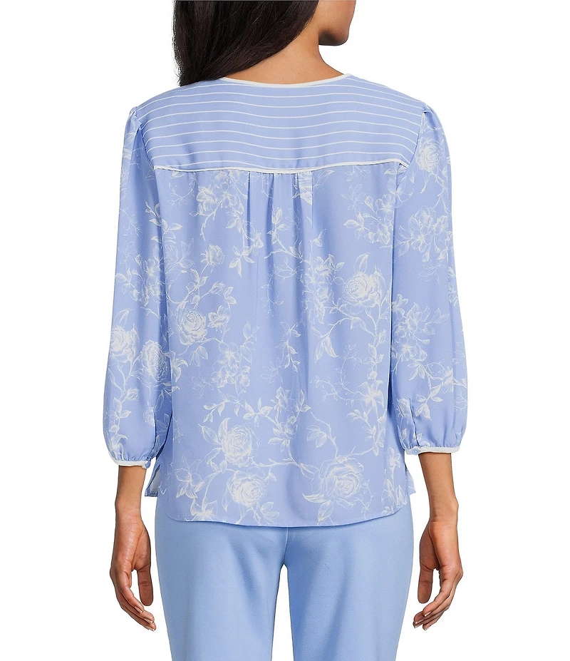 Investments Paired Stripe Floral Mixed Print 3/4 Sleeve Split Round Neck Blouse