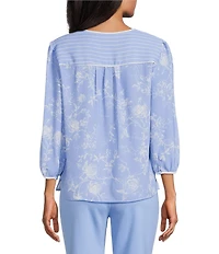 Investments Paired Stripe Floral Mixed Print 3/4 Sleeve Split Round Neck Blouse