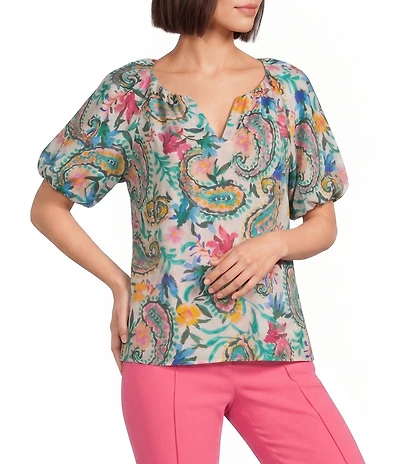 Investments Paisley Swirl Print 3/4 Bubble Sleeve Split Round Neck Blouse