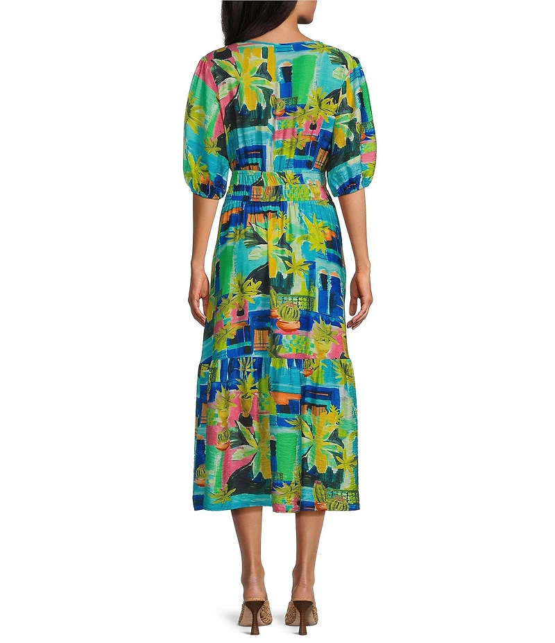 Investments Palm Patch Short Cuff Sleeve Split Round Neck Maxi Crinkle Dress