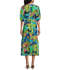 Investments Palm Patch Short Cuff Sleeve Split Round Neck Maxi Crinkle Dress