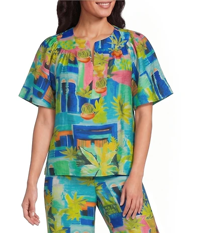 Investments Palm Patch Short Ruffle Sleeve Split V-Neck Crinkle Coordinating Blouse