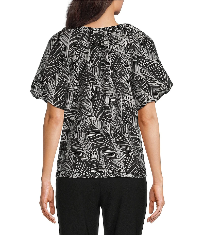 Investments Palm Stencil Print 3/4 Bubble Sleeve Split Round Neck Blouse