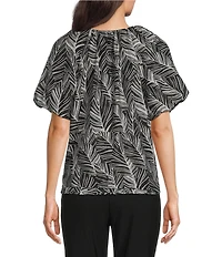 Investments Palm Stencil Print 3/4 Bubble Sleeve Split Round Neck Blouse
