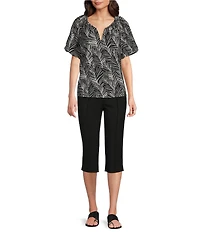 Investments Palm Stencil Print 3/4 Bubble Sleeve Split Round Neck Blouse