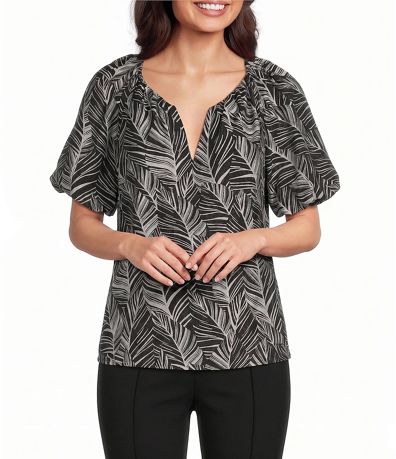 Investments Palm Stencil Print 3/4 Bubble Sleeve Split Round Neck Blouse