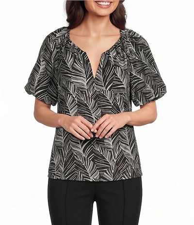 Investments Palm Stencil Print 3/4 Bubble Sleeve Split Round Neck Blouse