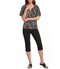Investments Palm Stencil Print 3/4 Bubble Sleeve Split Round Neck Blouse