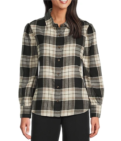 Investments Petite Plaid Long Sleeve Point Collar Button Front Top