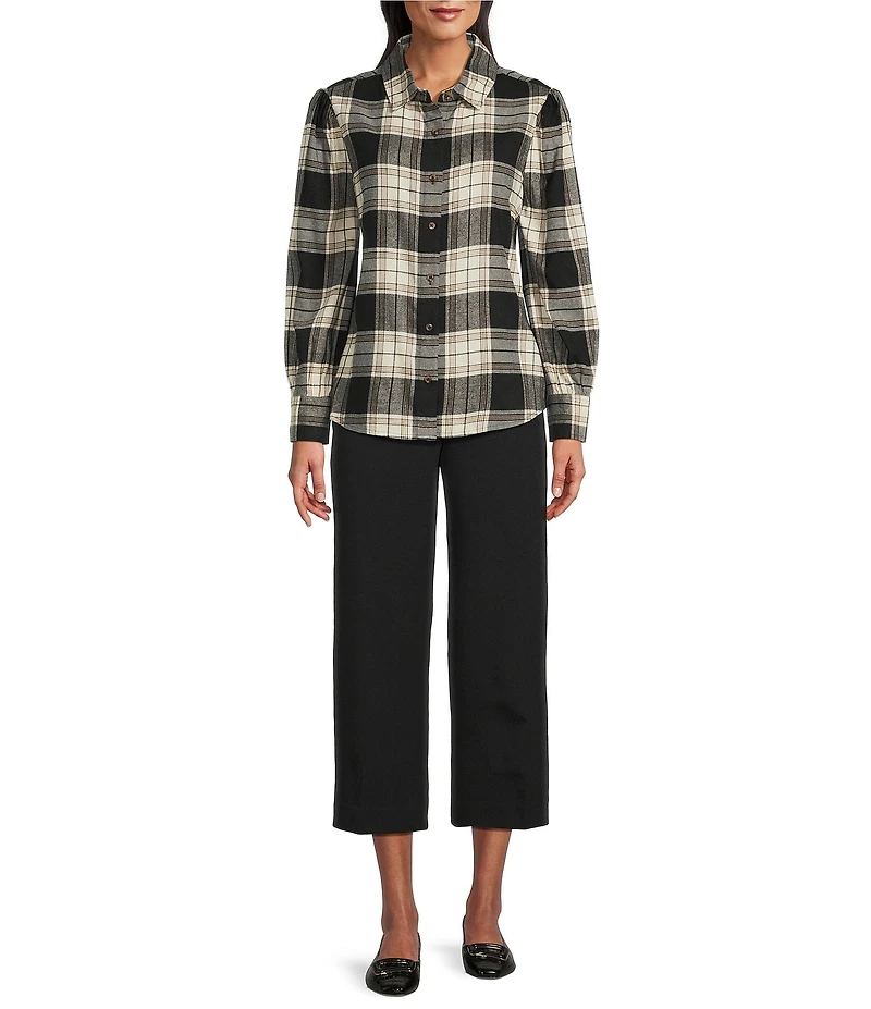 Investments Petite Plaid Long Sleeve Point Collar Button Front Top