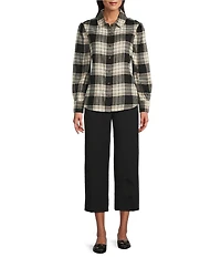 Investments Petite Plaid Long Sleeve Point Collar Button Front Top