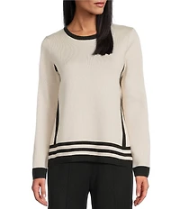 Investments Petite Border Stripe Long Sleeve Crew Neck Pullover Top
