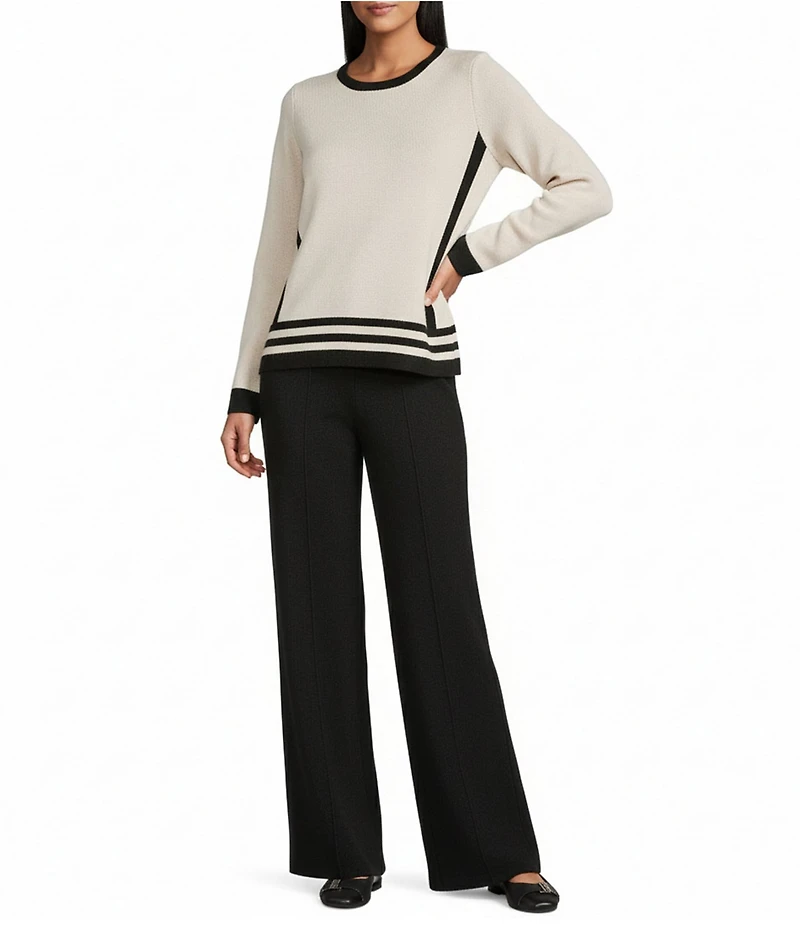 Investments Petite Border Stripe Long Sleeve Crew Neck Pullover Top