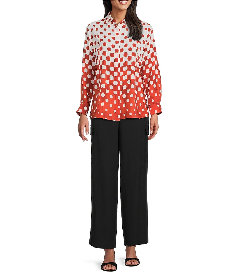 Investments Petite Burnt Ochre Polka Dot Dolman Long Sleeve Button Front Point Collar Blouse