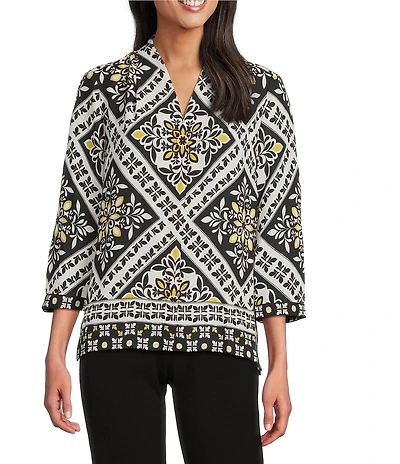 Investments Petite Caroline Signature Bandana Foulard Print 3/4 Sleeve V-Neck Button Front Top