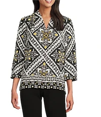 Investments Petite Caroline Signature Bandana Foulard Print 3/4 Sleeve V-Neck Button Front Top