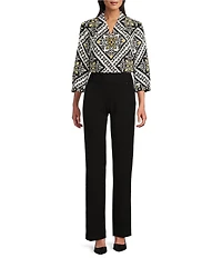 Investments Petite Caroline Signature Bandana Foulard Print 3/4 Sleeve V-Neck Button Front Top