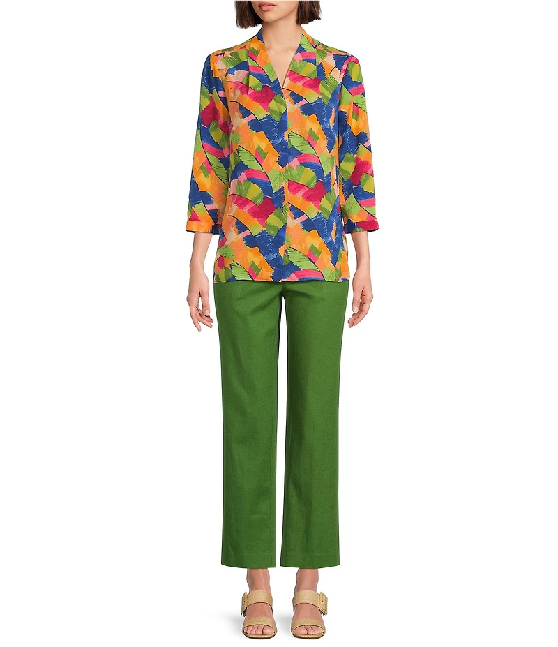 Investments Petite Caroline Signature Leafy Sketch V-Neck 3/4 Sleeve Button Front Top