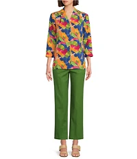 Investments Petite Caroline Signature Leafy Sketch V-Neck 3/4 Sleeve Button Front Top