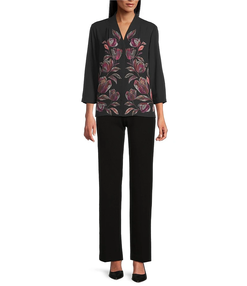 Investments Petite Caroline Signature Placed Floral Stitch Print 3/4 Sleeve Button Front Top