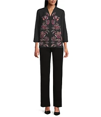 Investments Petite Caroline Signature Placed Floral Stitch Print 3/4 Sleeve Button Front Top