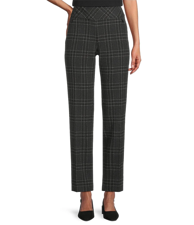 Investments Petite Charcoal Plaid the PARK AVE fit Stretch Front Pocketed Tummy Control Straight Leg Pants
