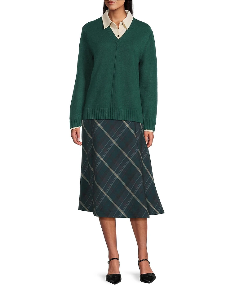 Investments Petite Forest Plaid Pull-On Midi Skirt