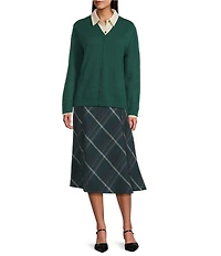 Investments Petite Forest Plaid Pull-On Midi Skirt