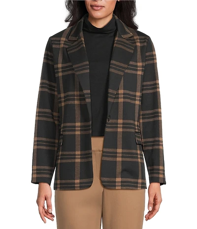 Investments Petite Large Windowpane Long Sleeve One Button Notch Lapel Blazer