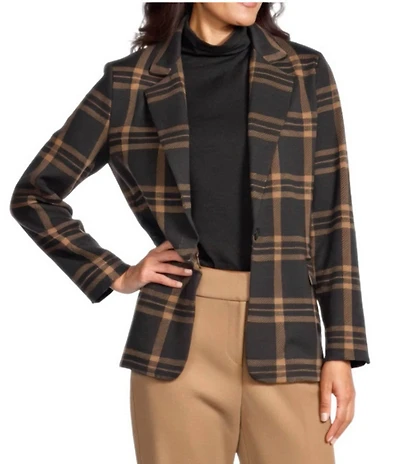 Investments Petite Large Windowpane Long Sleeve One Button Notch Lapel Blazer