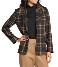 Investments Petite Large Windowpane Long Sleeve One Button Notch Lapel Blazer