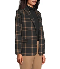 Investments Petite Large Windowpane Long Sleeve One Button Notch Lapel Blazer