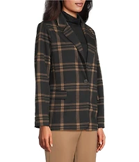 Investments Petite Large Windowpane Long Sleeve One Button Notch Lapel Blazer