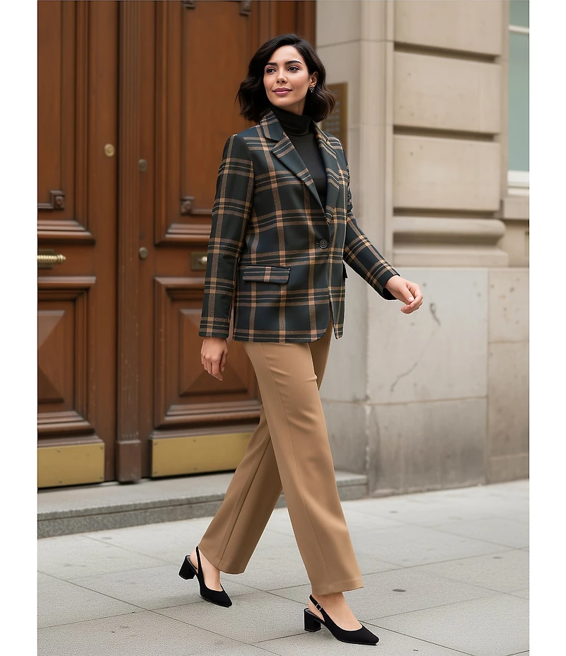 Investments Petite Large Windowpane Long Sleeve One Button Notch Lapel Blazer