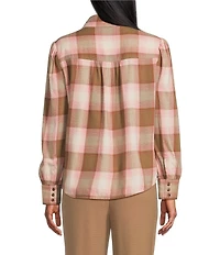 Investments Petite Neutral Plaid Long Sleeve Point Collar Button Front Top