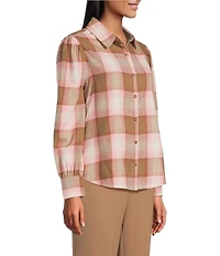 Investments Petite Neutral Plaid Long Sleeve Point Collar Button Front Top