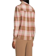 Investments Petite Neutral Plaid Long Sleeve Point Collar Button Front Top