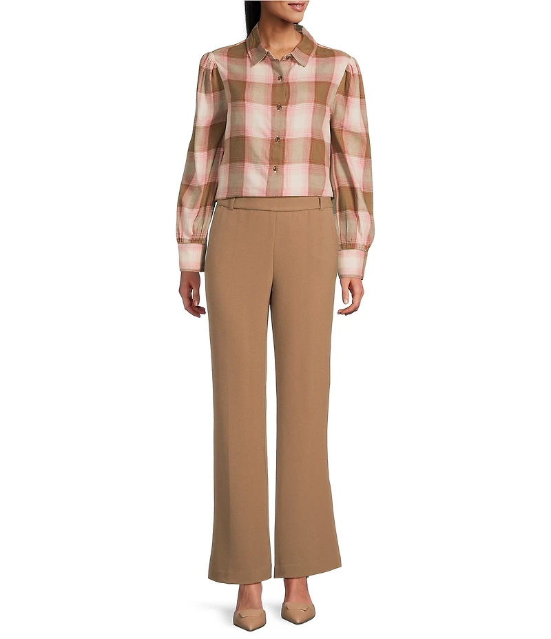 Investments Petite Neutral Plaid Long Sleeve Point Collar Button Front Top