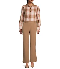 Investments Petite Neutral Plaid Long Sleeve Point Collar Button Front Top