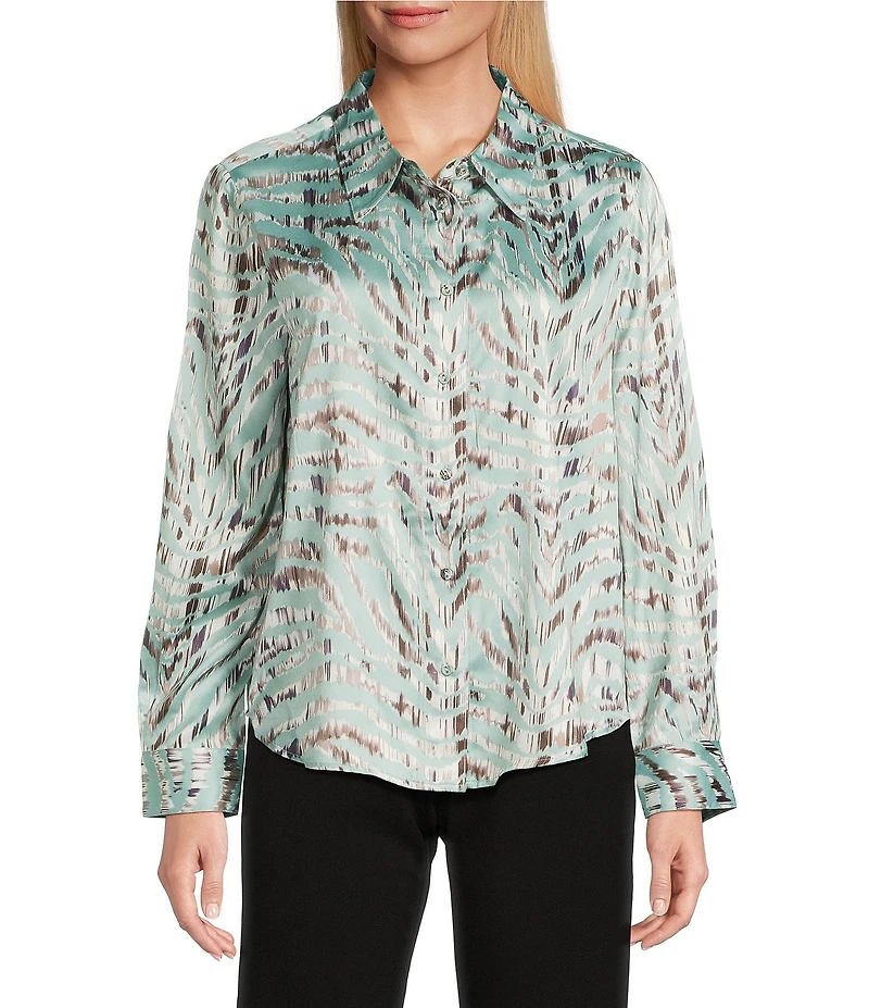 Investments Petite Painted Zebra Long Sleeve Point Collar Button Front Top