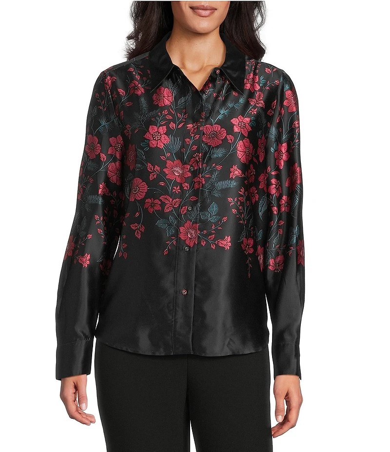 Investments Petite Placed Floral Long Sleeve Point Collar Button Front Top