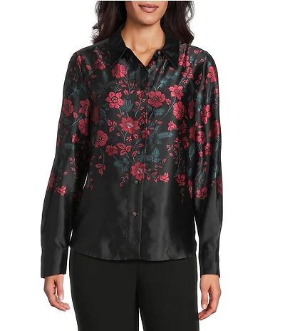 Investments Petite Placed Floral Long Sleeve Point Collar Button Front Top
