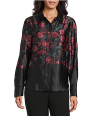 Investments Petite Placed Floral Long Sleeve Point Collar Button Front Top