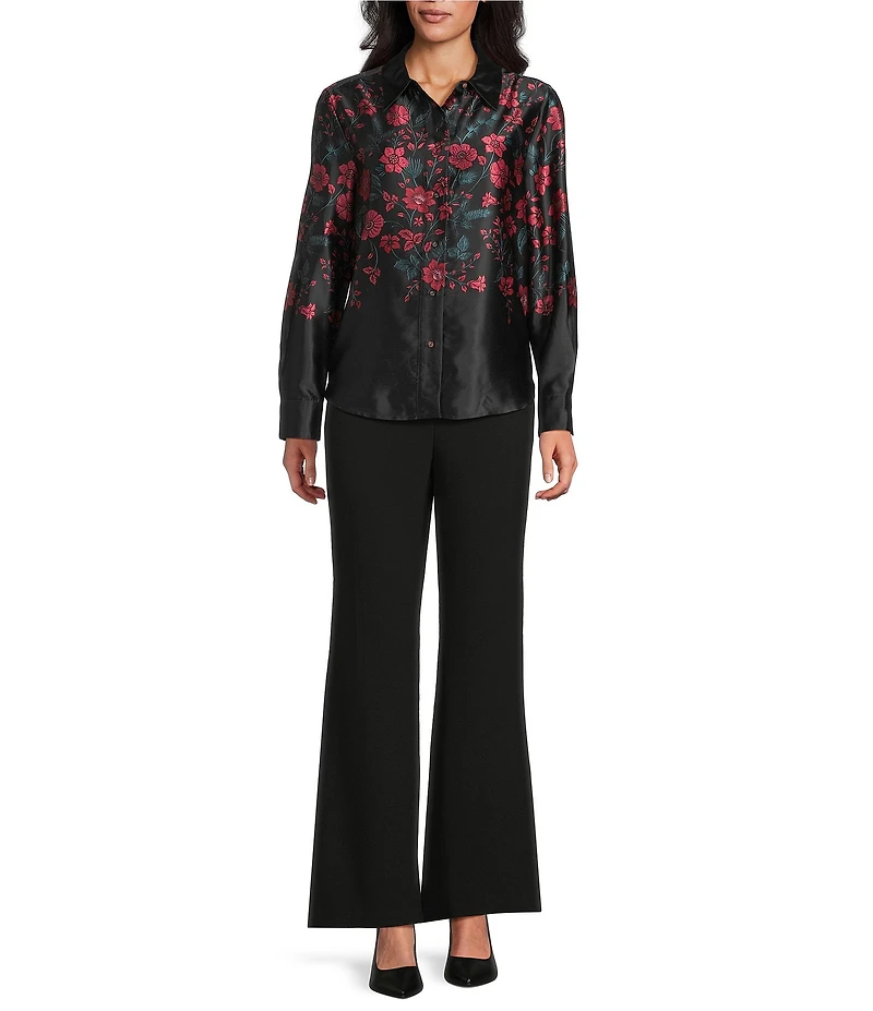 Investments Petite Placed Floral Long Sleeve Point Collar Button Front Top