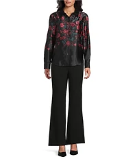 Investments Petite Placed Floral Long Sleeve Point Collar Button Front Top